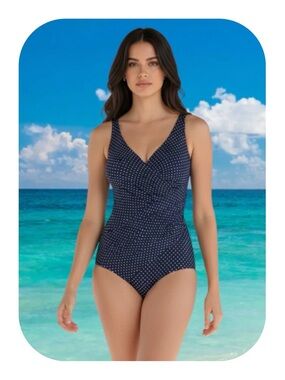 Miraclesuit by Kirkland size 16 navy & white polka dot swimsuit